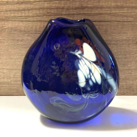 Loren Chapman Vintage Signed Cobalt Blue Blown Glass Swirl Freeform Vase 1983 - Picture 2 of 9
